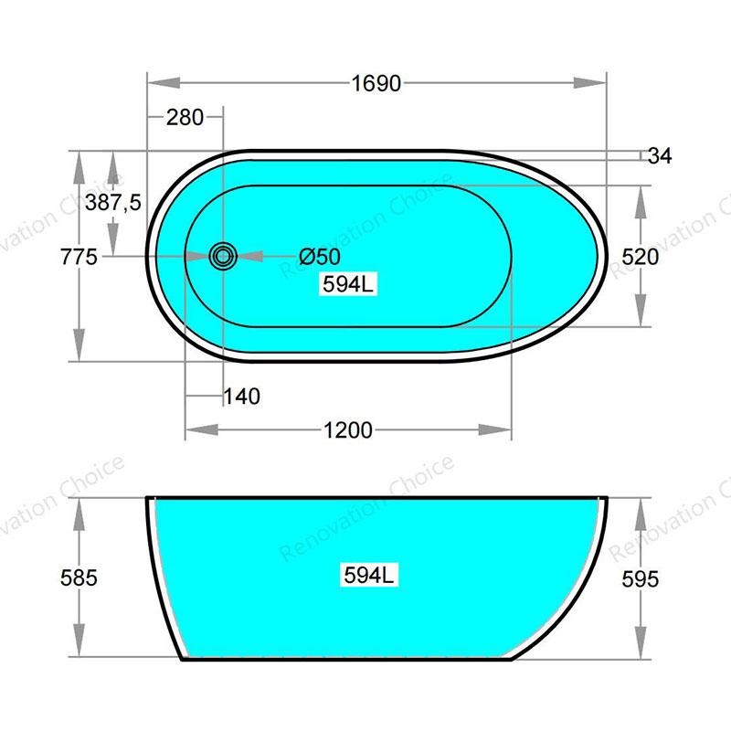 Gemini Acrylic Gloss White Freestanding Bathtub Without Overflow 1690mm Length