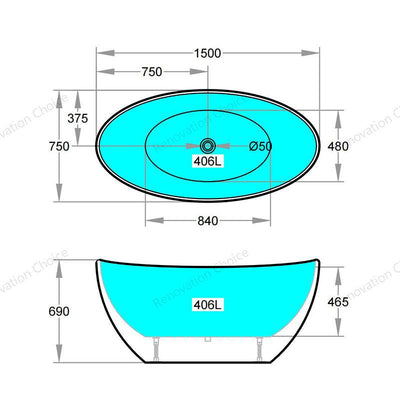 Aquarius Acrylic Oval Gloss White Freestanding Bathtub Without Overflow 1500mm Length