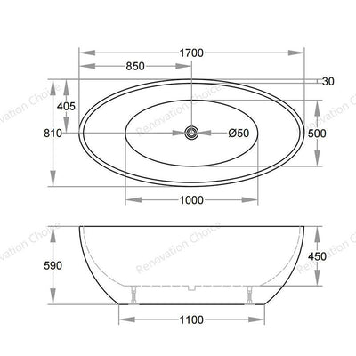 Scorpio Acrylic Oval Gloss White Freestanding Bathtub Without Overflow 1700mm Length