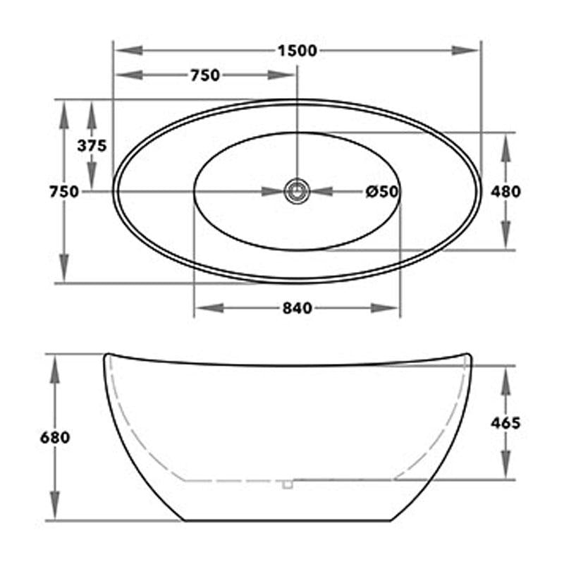 Viva Oval Bathtub Freestanding Acrylic Matt White Without Overflow Hole 1500x750x680mm
