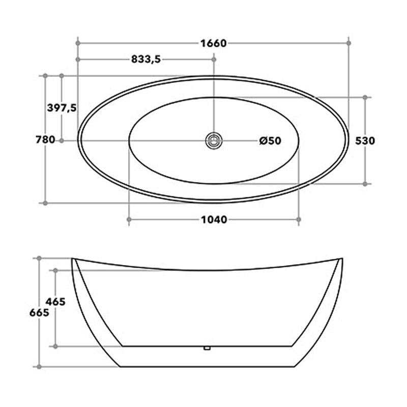 Viva Oval Bathtub Freestanding Acrylic Matt White Without Overflow Hole 1660x780x665mm