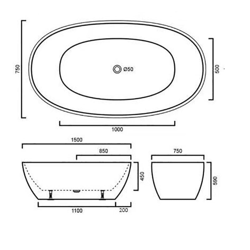 Joo Oval Bathtub Freestanding Acrylic Matt Without Overflow  1500x750x590mm