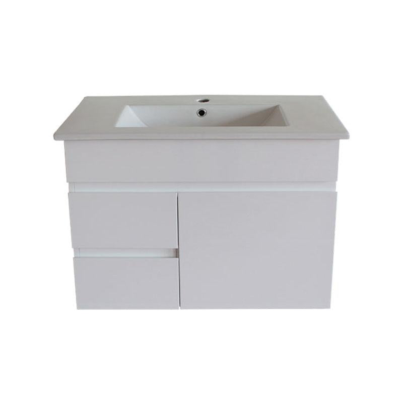 Bathroom Wall Hung Left Hand Side Drawer White Polyurethane MDF Vanity With Ceramic Top 750x460x500mm