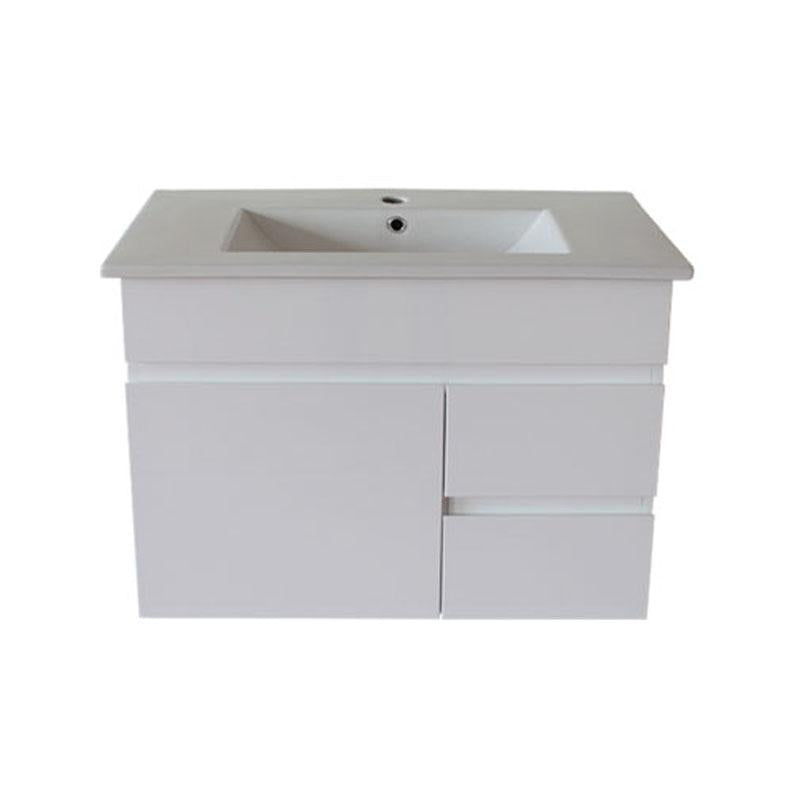 Bathroom Wall Hung Right Hand Side Drawer White Polyurethane MDF Vanity With Ceramic Top 750x460x500mm