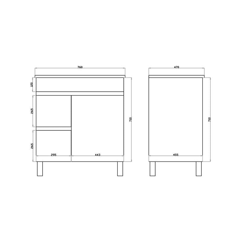 Bathroom Freestanding Right Hand Side Drawer White Polyurethane MDF Vanity With Ceramic Top 750x460x850mm