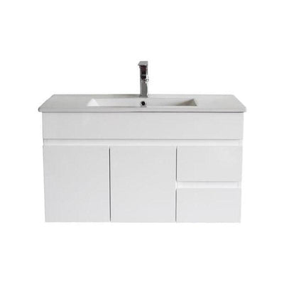 Bathroom Wall Hung Right Hand Side Drawer White Polyurethane MDF Vanity With Ceramic Top 900x460x500mm