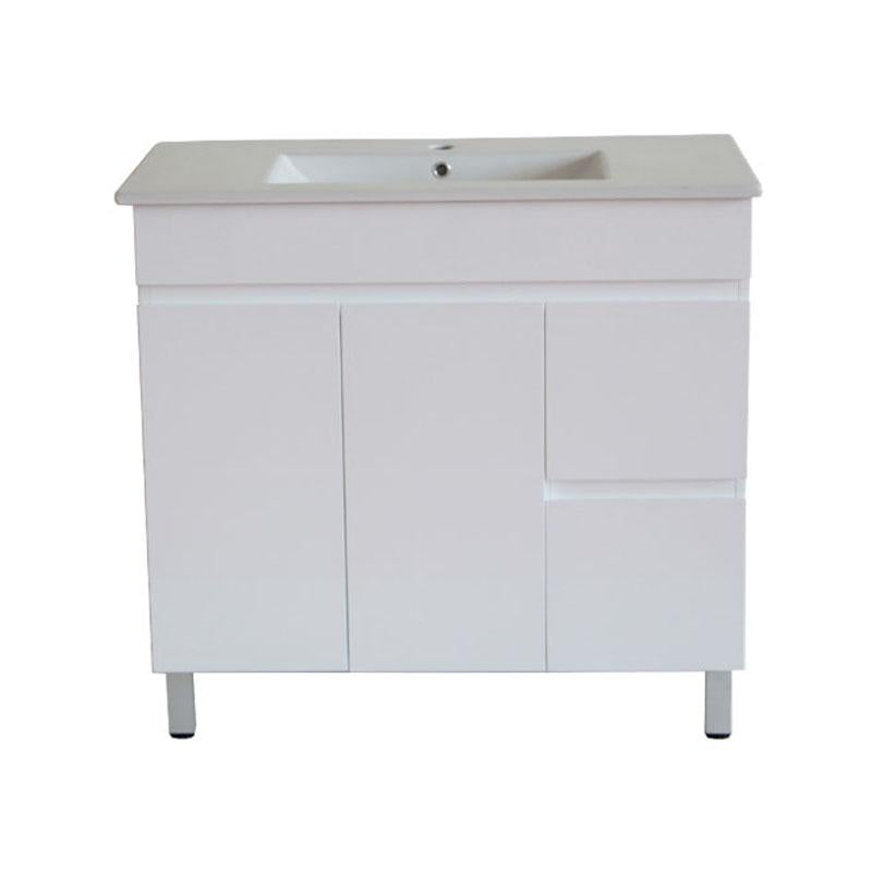 Bathroom Freestanding Right Hand Side Drawer White Polyurethane MDF Vanity With Ceramic Top 900x460x850mm