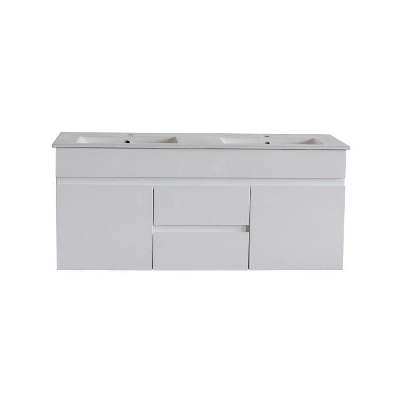 Bathroom Wall Hung Double Bowl White Polyurethane MDF Vanity With Ceramic Top 1200x460x500M