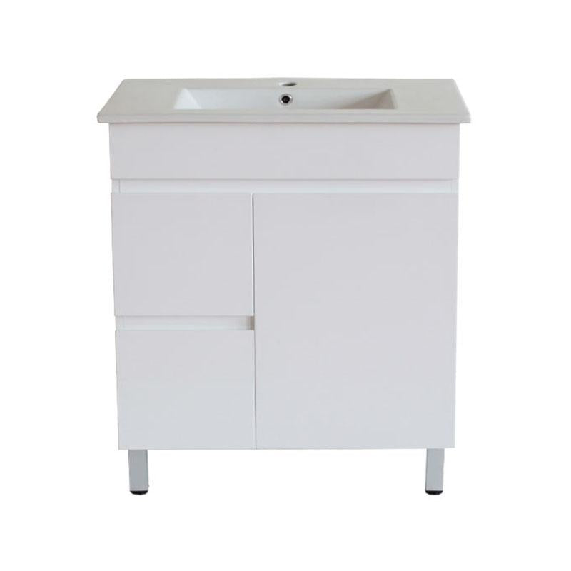 Bathroom Freestanding Left Hand Drawer Slim White Polyurethane MDF Vanity With Thin Ceramic Top 750x360x850mm