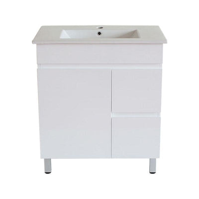 Bathroom Freestanding Right Hand Drawer Slim White Polyurethane MDF Vanity With Thin Ceramic Top 750x360x850mm