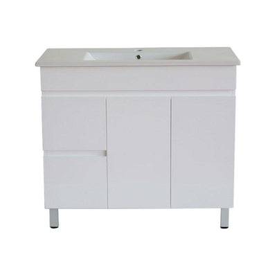 Bathroom Freestanding Left Hand Drawer Slim White Polyurethane MDF Vanity With Thin Ceramic Top  900x360x850mm