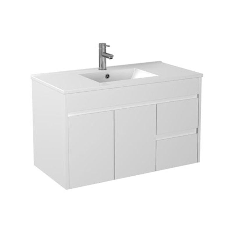 Bathroom Wall Hung Right Hand Drawers White Polyurethane PVC Compact Cabinet With Poly Marble Top 900x365x880mm