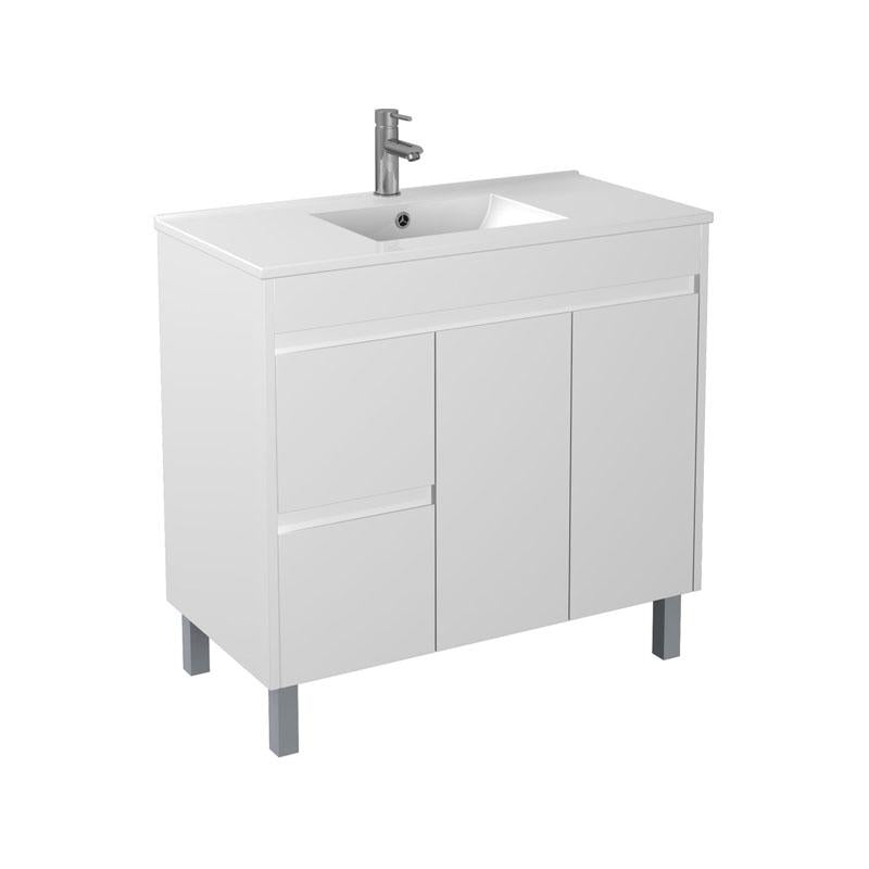 Bathroom Freestanding Left Hand Drawers White Polyurethane PVC Compact Cabinet With Poly Marble Top 900x365x880mm
