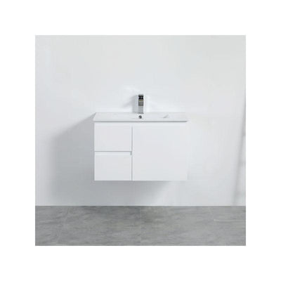 Bathroom Wall Hung Left Hand Drawer White Polyurethane PVC Vanity With Ceramic Top 750x460x550mm
