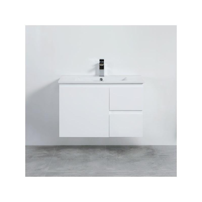Bathroom Wall Hung Right Hand Drawer White Polyurethane PVC Vanity With Ceramic Top 750x460x550mm