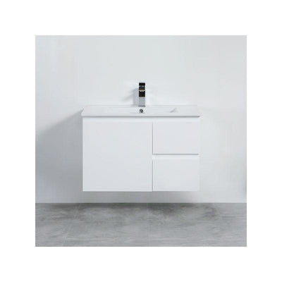 Bathroom Wall Hung Right Hand Drawer White Polyurethane PVC Vanity With Ceramic Top 750x460x550mm