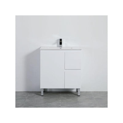 Bathroom Freestanding Right Hand Drawer White Polyurethane PVC Vanity With Ceramic Top 750x460x880mm
