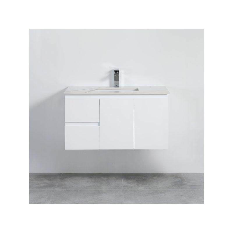 Bathroom Wall Hung Left Hand Drawer White Polyurethane PVC Vanity With Ceramic Top 900x460x550mm