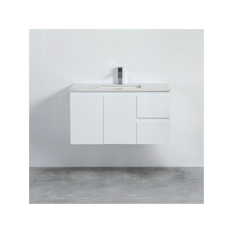 Bathroom Wall Hung Right Hand Drawer White Polyurethane PVC Vanity With Ceramic Top 900x460x550mm