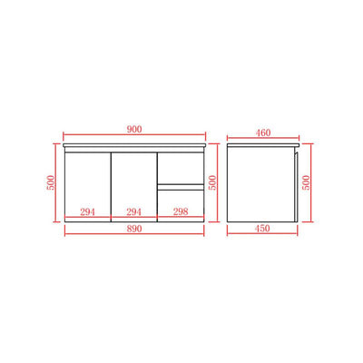 Bathroom Wall Hung Right Hand Drawer White Polyurethane PVC Vanity With Ceramic Top 900x460x550mm