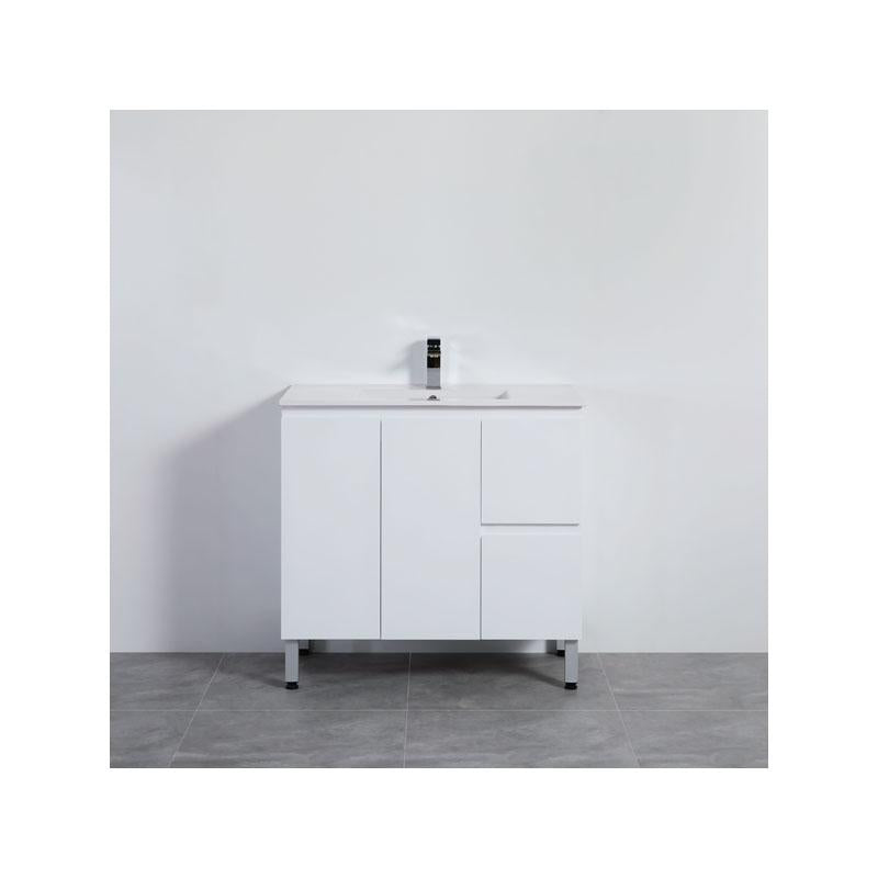 Bathroom Freestanding Right Hand Drawer White Polyurethane PVC Vanity With Ceramic Top 900x460x880mm