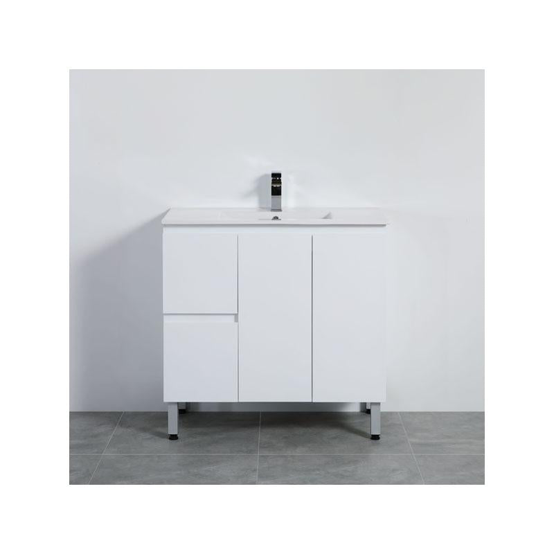 Bathroom Freestanding Left Hand Drawer White Polyurethane PVC Vanity With Ceramic Top 900x460x880mm