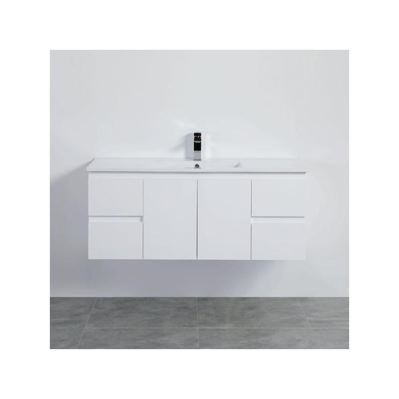 Bathroom Wall Hung Single Bowl White Polyurethane PVC Vanity With Ceramic Top 1200x460x550mm