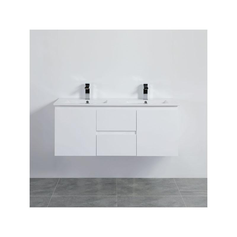 Bathroom Wall Hung Double Bowl White Polyurethane PVC Vanity With Ceramic Top 1200x460x550mm