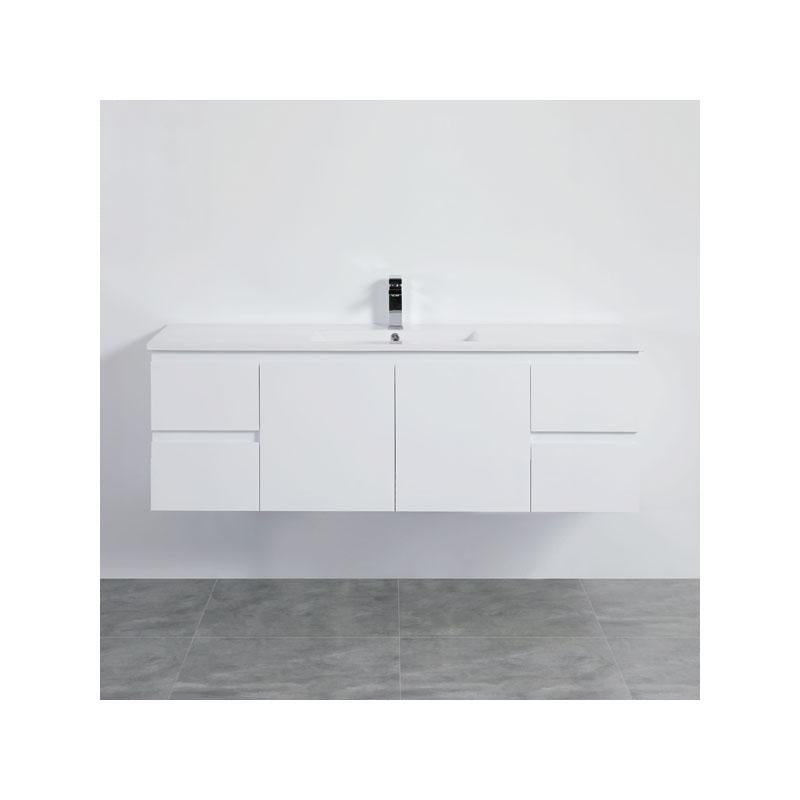 Bathroom Wall Hung Single Bowl White Polyurethane PVC Vanity With Ceramic Top 1500x460x550mm