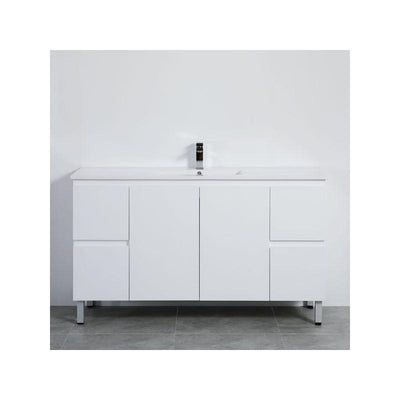 Bathroom Freestanding Single Bowl White Polyurethane PVC Vanity With Ceramic Top 1500x460x880mm