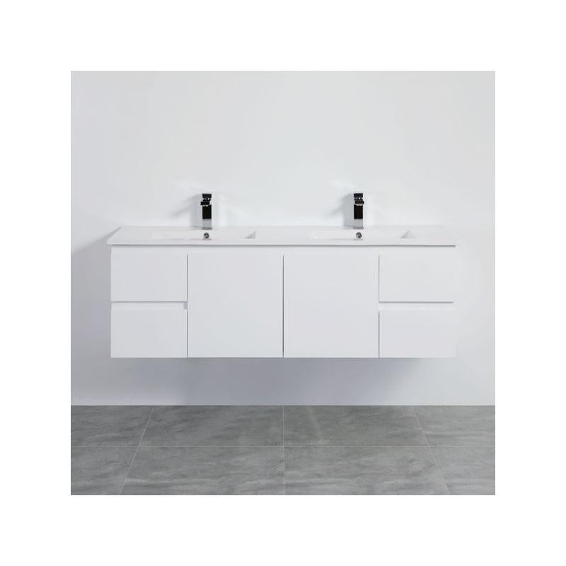 Bathroom Wall Hung Double Bowl White Polyurethane PVC Vanity With Ceramic Top 1500x460x550mm