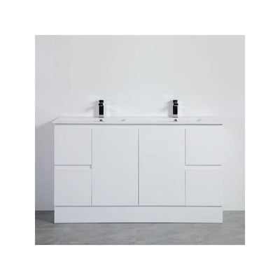 Bathroom Freestanding Double Bowl White Polyurethane PVC Vanity With Ceramic Top 1500x460x880mm