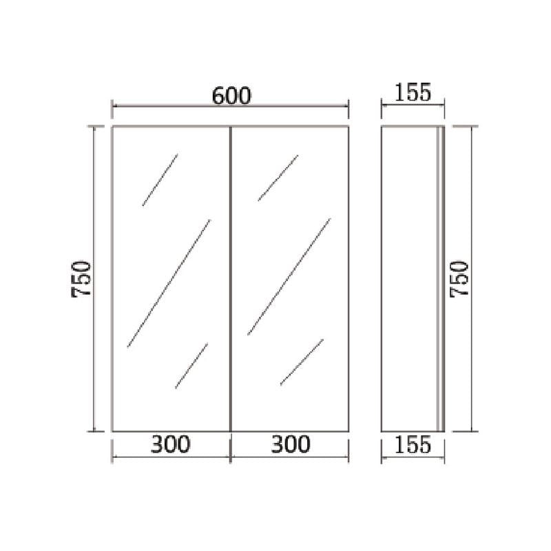 Bathroom Pencil edge PVC Polyurethane White Shaving cabinet Double Doors 600*750*155mm