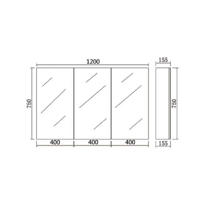Bathroom Pencil edge PVC Polyurethane White Shaving cabinet Three Doors 1200*750*155mm